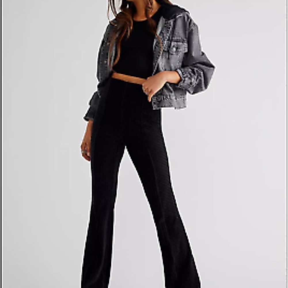 Free People Slim Pull-On Velvet Flare Pants Black XL SHORT